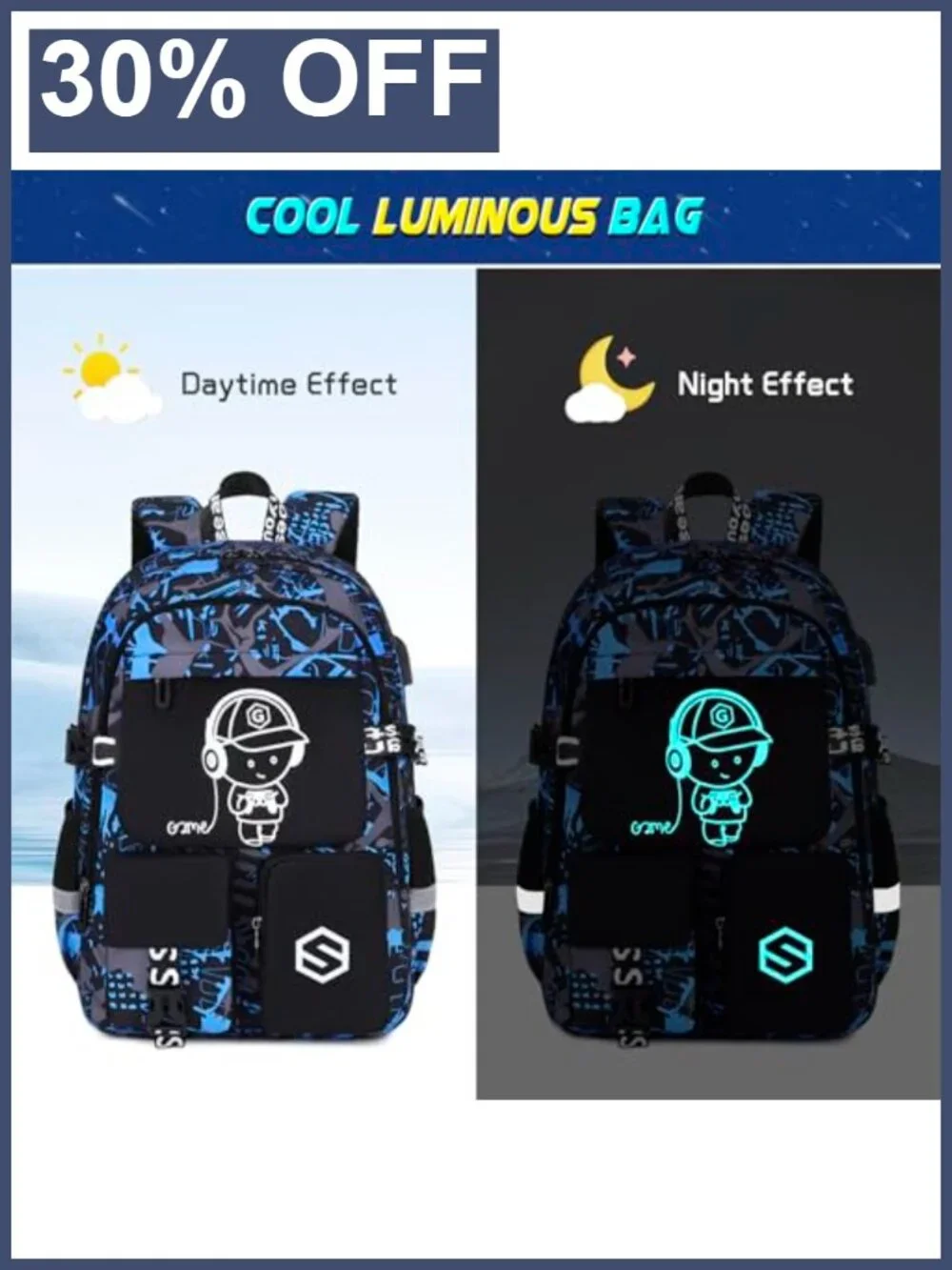 Kids Luminous School Backpack with Lunch Bag, Pencil Case, USB Port, Waterproof